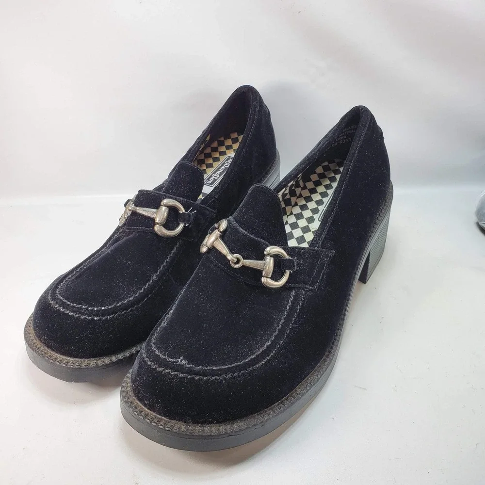 Xhilaration Velvet Loafers Women 10 Black Vintage 90s Chunky Block Heel Bit Goth